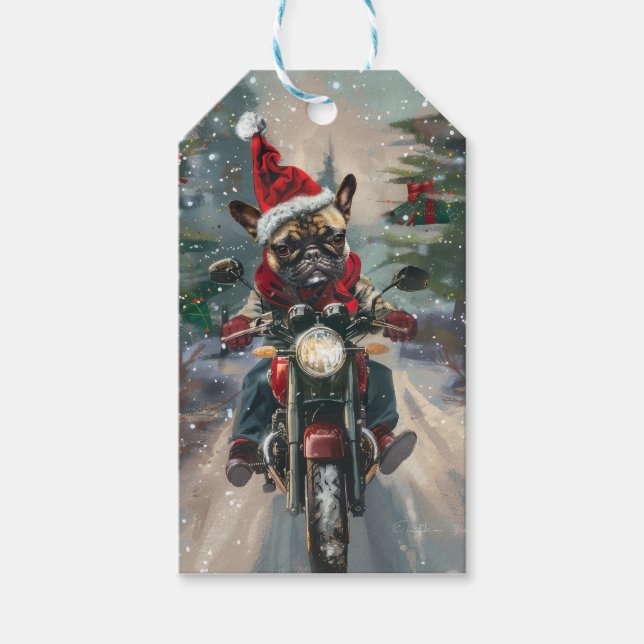 Französische Bulldog-Motorrad-Weihnachten Geschenkanhänger (Vorderseite)