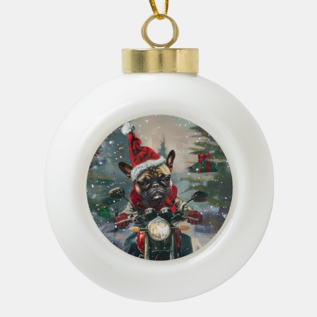 Französische Bulldog-Motorrad-Weihnachten Keramik Kugel-Ornament (Vorderseite)