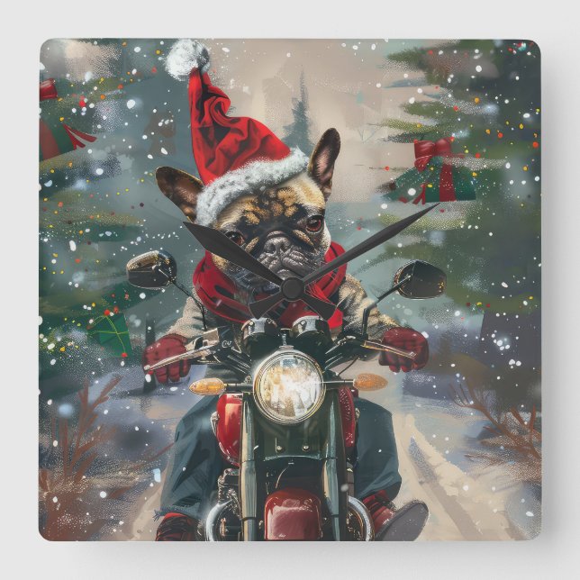 Französische Bulldog-Motorrad-Weihnachten Quadratische Wanduhr (Vorderseite)