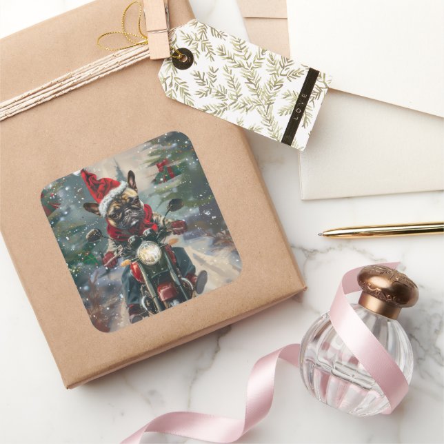 Französische Bulldog-Motorrad-Weihnachten Quadratischer Aufkleber (Schenken)