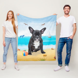 Französische Bulldogge am Strand Fleecedecke