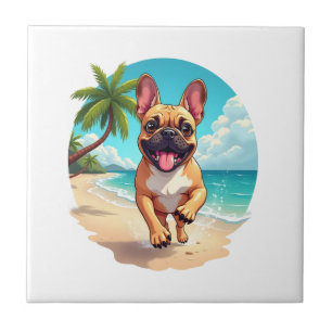 Französische Bulldogge an einem Strand Fliese