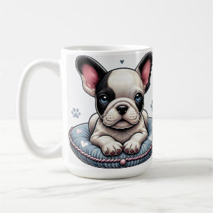 Französische Bulldogge auf einem herzförmigen Kiss Kaffeetasse