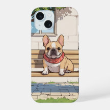 Französische Bulldogge auf einer Bank