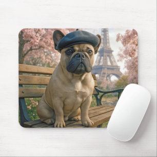 Französische Bulldogge auf einer Pariser Parkbank Mousepad