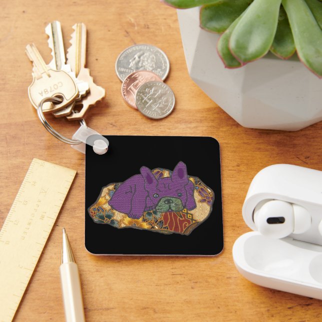 Französische Bulldogge auf Kissen Schlüsselanhänger (Schreibtisch)