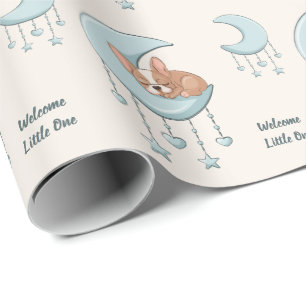 Französische Bulldogge auf Mond Blau Baby Junge Ba Geschenkpapier