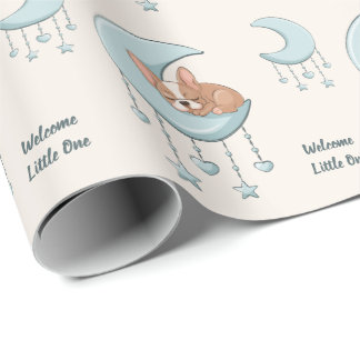 Französische Bulldogge auf Mond Blau Baby Junge Ba Geschenkpapier