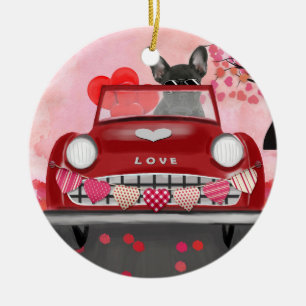 Französische Bulldogge Auto mit Herzen Valentinsta Keramik Ornament