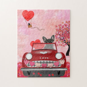 Französische Bulldogge Auto mit Herzen Valentinsta Puzzle