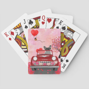 Französische Bulldogge Auto mit Herzen Valentinsta Spielkarten