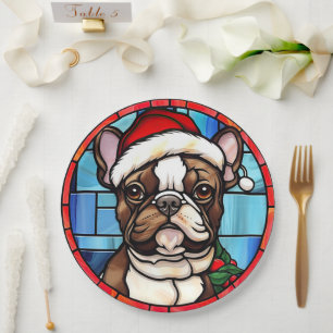 Französische Bulldogge Buntglas Weihnachten Pappteller