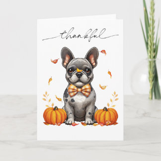 Französische Bulldogge dankbar für Herbstlaub und Karte