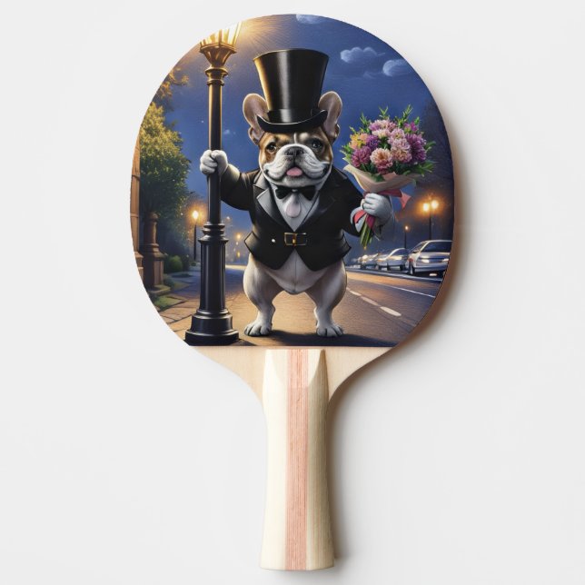 Französische Bulldogge French Bulldog Blumenstrauß Tischtennis Schläger (Vorderseite)