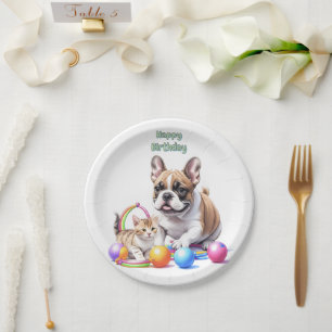 Französische Bulldogge French Bulldog mit Katze Pappteller