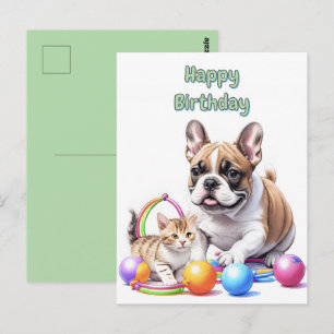Französische Bulldogge French Bulldog mit Katze Postkarte