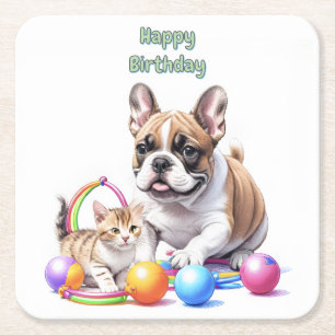 Französische Bulldogge French Bulldog mit Katze Rechteckiger Pappuntersetzer
