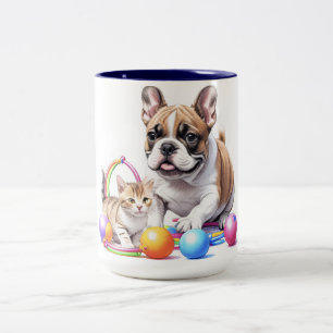 Französische Bulldogge French Bulldog mit Katze Zweifarbige Tasse