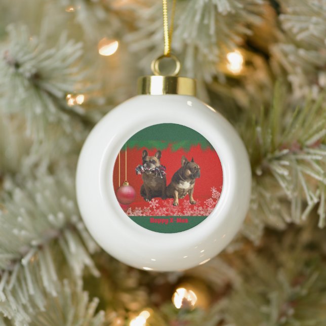 Französische Bulldogge Frohe Weihnachten Bulldog Keramik Kugel-Ornament (Baum)