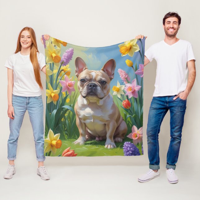 Französische Bulldogge Frühjahrsblumenmalerei Fleecedecke (Beispiel)