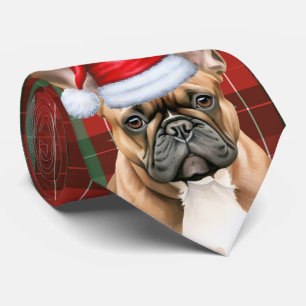 Französische Bulldogge grün rote Feiertags-Kariert Krawatte