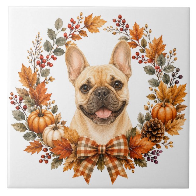 Französische Bulldogge Herbstkranz Fliese (Vorderseite)