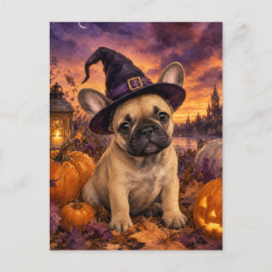Französische Bulldogge Hexenhut Kürbis Postkarte