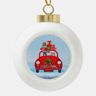 Französische Bulldogge im Auto mit dem Weihnachtsm Keramik Kugel-Ornament