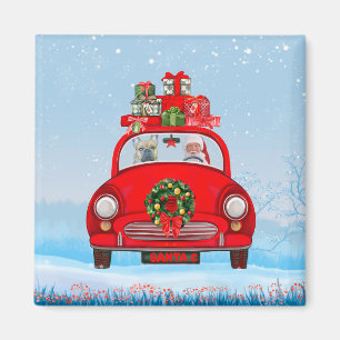 Französische Bulldogge im Auto mit dem Weihnachtsm Magnet