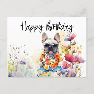 Französische Bulldogge im Blumenfeld Geburtstag Postkarte