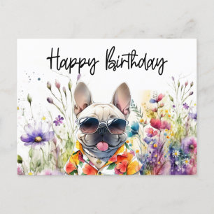 Französische Bulldogge im Blumenfeld Geburtstag Postkarte