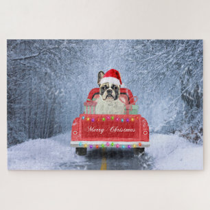 Französische Bulldogge im Schnee sitzt im Weihnach Puzzle
