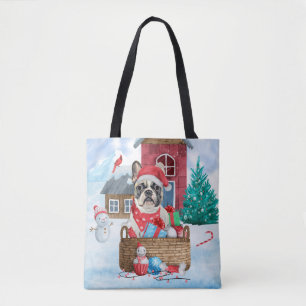 Französische Bulldogge im Schnee Weihnachtshundhau