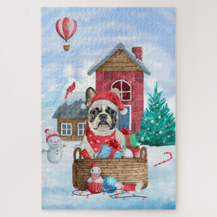 Französische Bulldogge im Schnee Weihnachtshundhau Puzzle