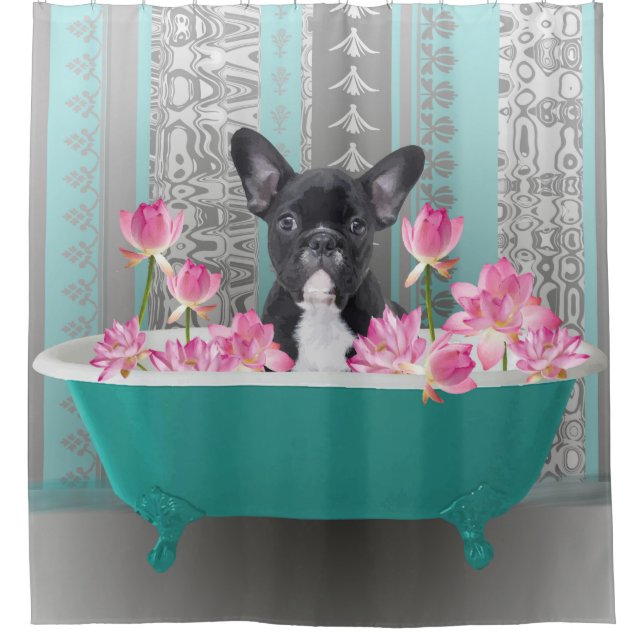 Französische Bulldogge in Badewanne Lotus Blumen Duschvorhang (Vorderseite)