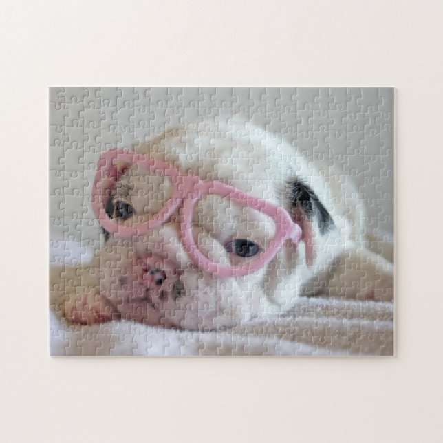 Französische Bulldogge in den Herz-Gläsern Puzzle (Horizontal)