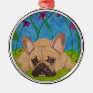 Französische Bulldogge in der Blumen-Verzierung Ornament Aus Metall