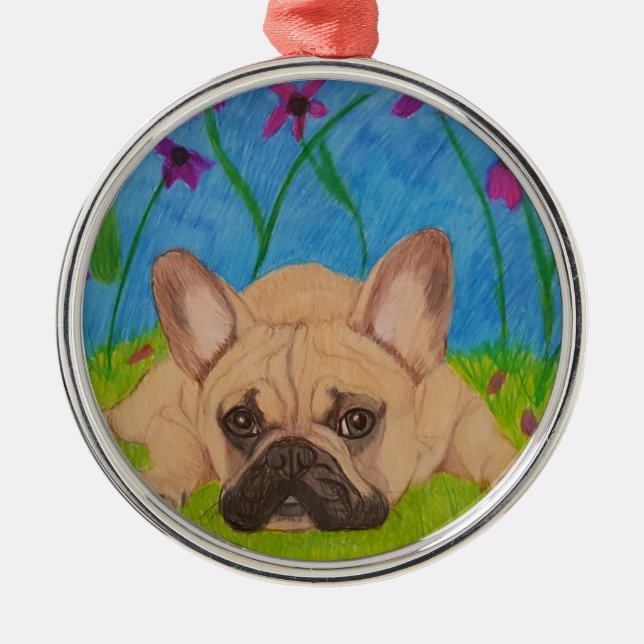 Französische Bulldogge in der Blumen-Verzierung Ornament Aus Metall (Vorne)