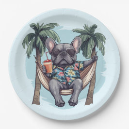 Französische Bulldogge in hawaiianischem Oberteil Pappteller