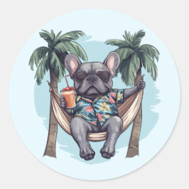Französische Bulldogge in hawaiianischem Oberteil Runder Aufkleber
