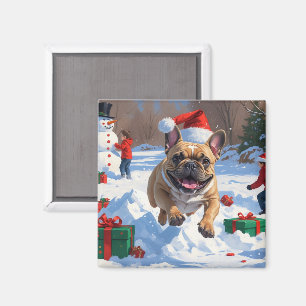 Französische Bulldogge läuft im Schnee mit Weihnac Magnet