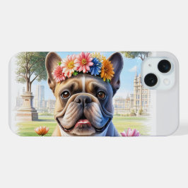 französische Bulldogge mit Blumenkranz iPhone 15 Plus Hülle