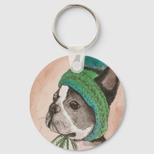Französische Bulldogge mit Mütze der Wolle Schlüsselanhänger