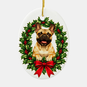Französische Bulldogge mit Stechpalme und roten Be Keramik Ornament