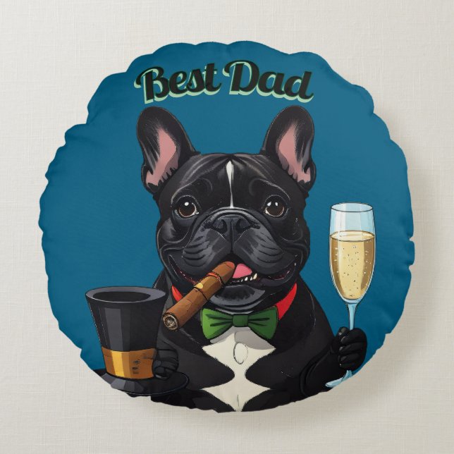 Französische Bulldogge mit Zigarre Vatertag Rundes Kissen (Vorderseite)