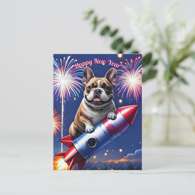 Französische Bulldogge Neujahr lustig Rakete Feiertagspostkarte (Stehend Vorderseite)