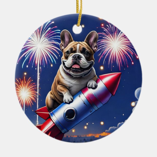 Französische Bulldogge Neujahr lustig Rakete Keramik Ornament (Vorne)