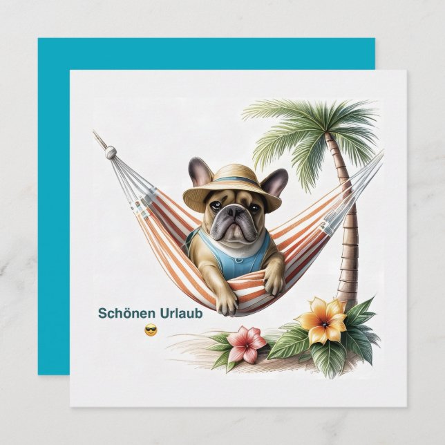 Französische Bulldogge Palme Strand French Bulldog Einladung (Vorne/Hinten)
