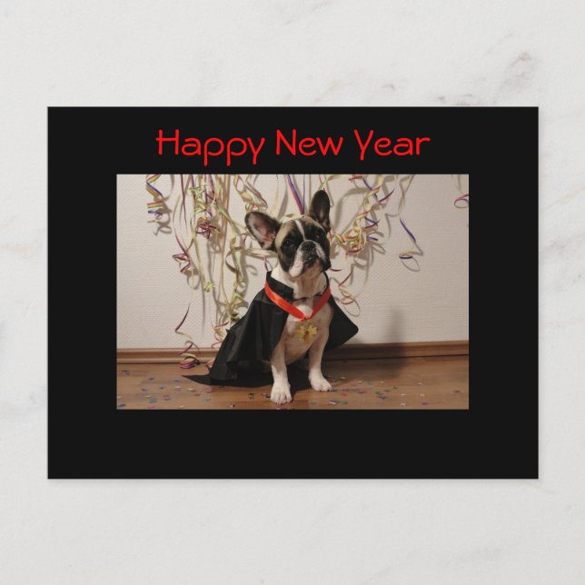 Französische Bulldogge Postkarte "Happy New Year" (Vorderseite)