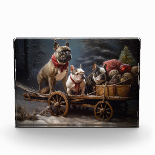 Französische Bulldogge Schneebedeckter Schlitten W Fotoblock